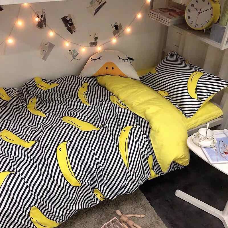 Black White Stripe Yellow Banana Double Sided Pillow And Duvet Cover
