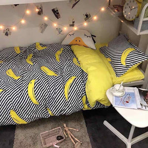 Black White Stripe Yellow Banana Double Sided Pillow And Duvet Cover