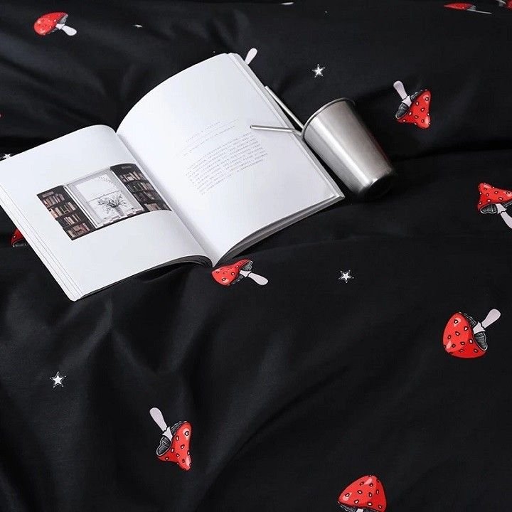 Black Ground And Red Mushroom Double Sided Pillow And Duvet Cover
